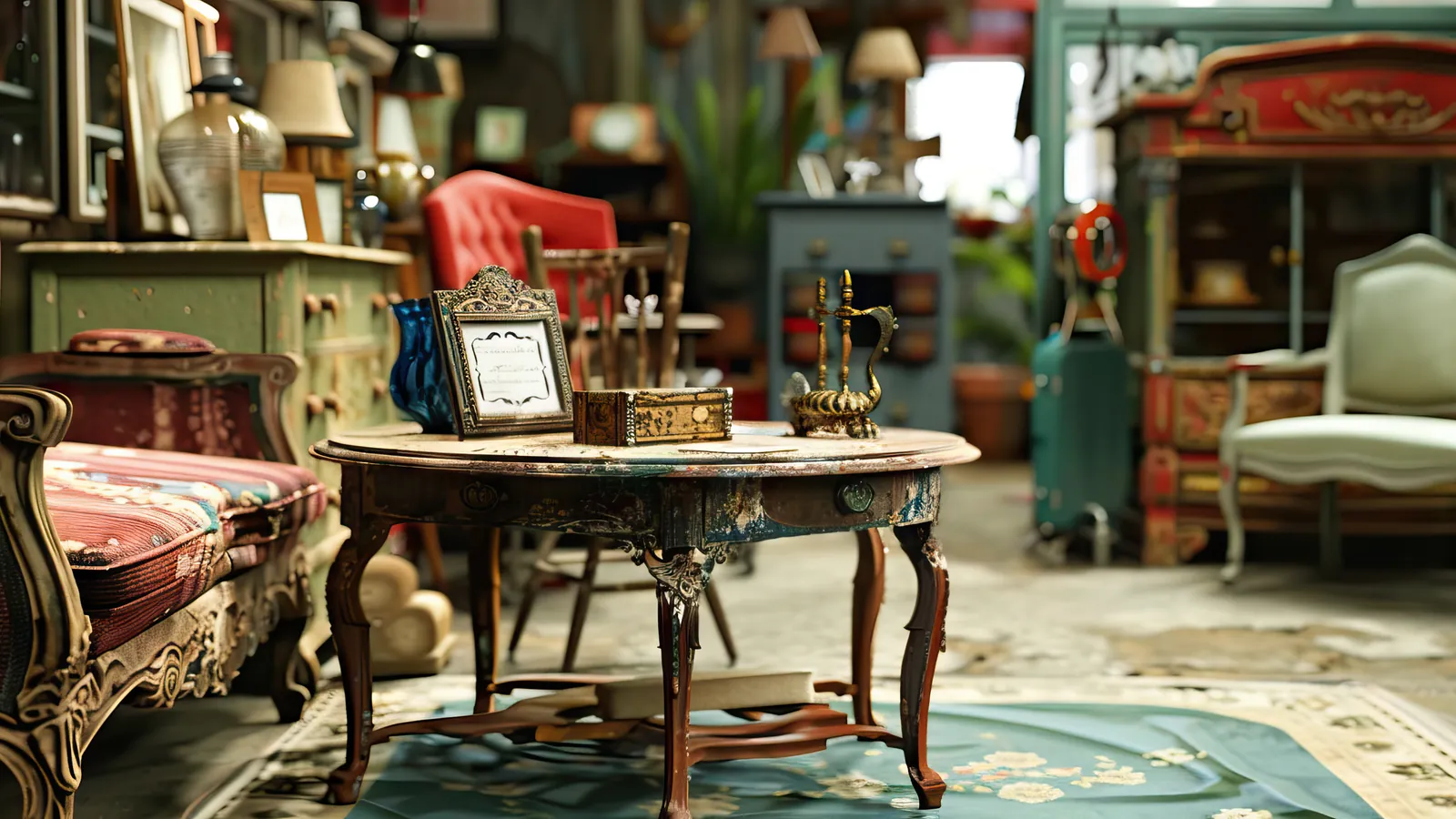 Guéridon ancien sculpté, canapé et fauteuils d’époque dans un intérieur d’antiquaire